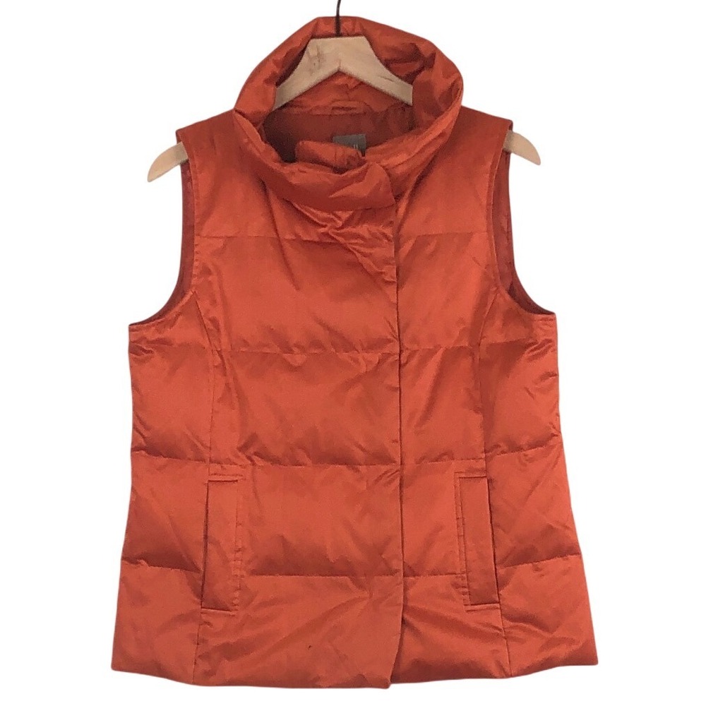 J. JILL Down Puffer Snap Vest Women's Sz S Orange Funnel Neck Pockets Cozy